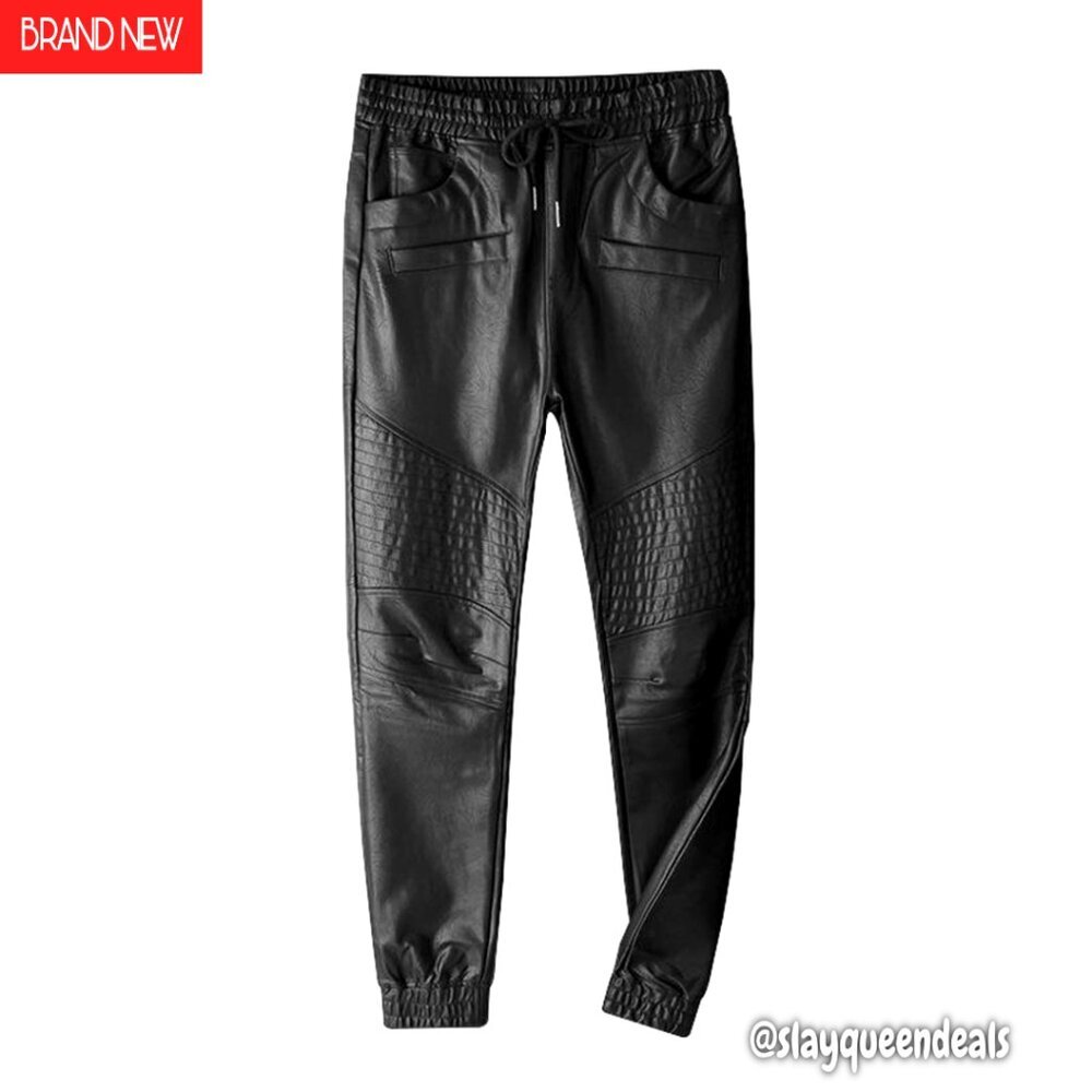 Men's Faux Leather Jogger Pants, Elastic Waist, Tapered Leg, Comfortable